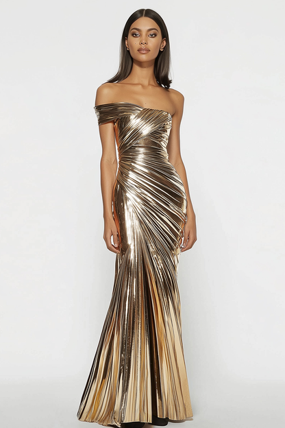 Evening Dress Gold Metallic One-Shoulder Pleated Floor-Length Dress