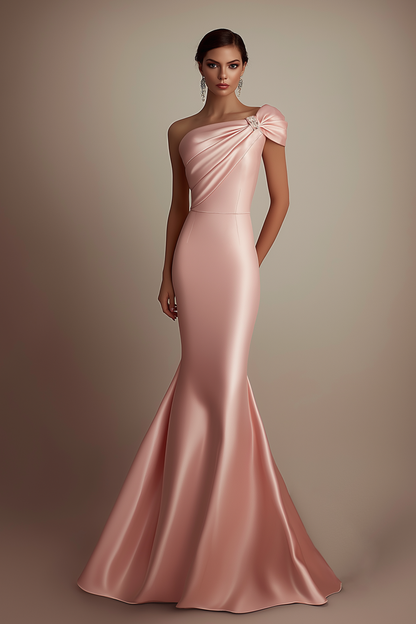 Evening Formal Satin Dress Light Pink One Shoulder Mermaid Floor-Length Gown