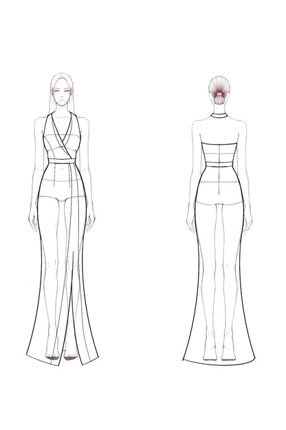 Evening Formal Dress Black White Halter V-Neck Slit Floor-Length Gown
