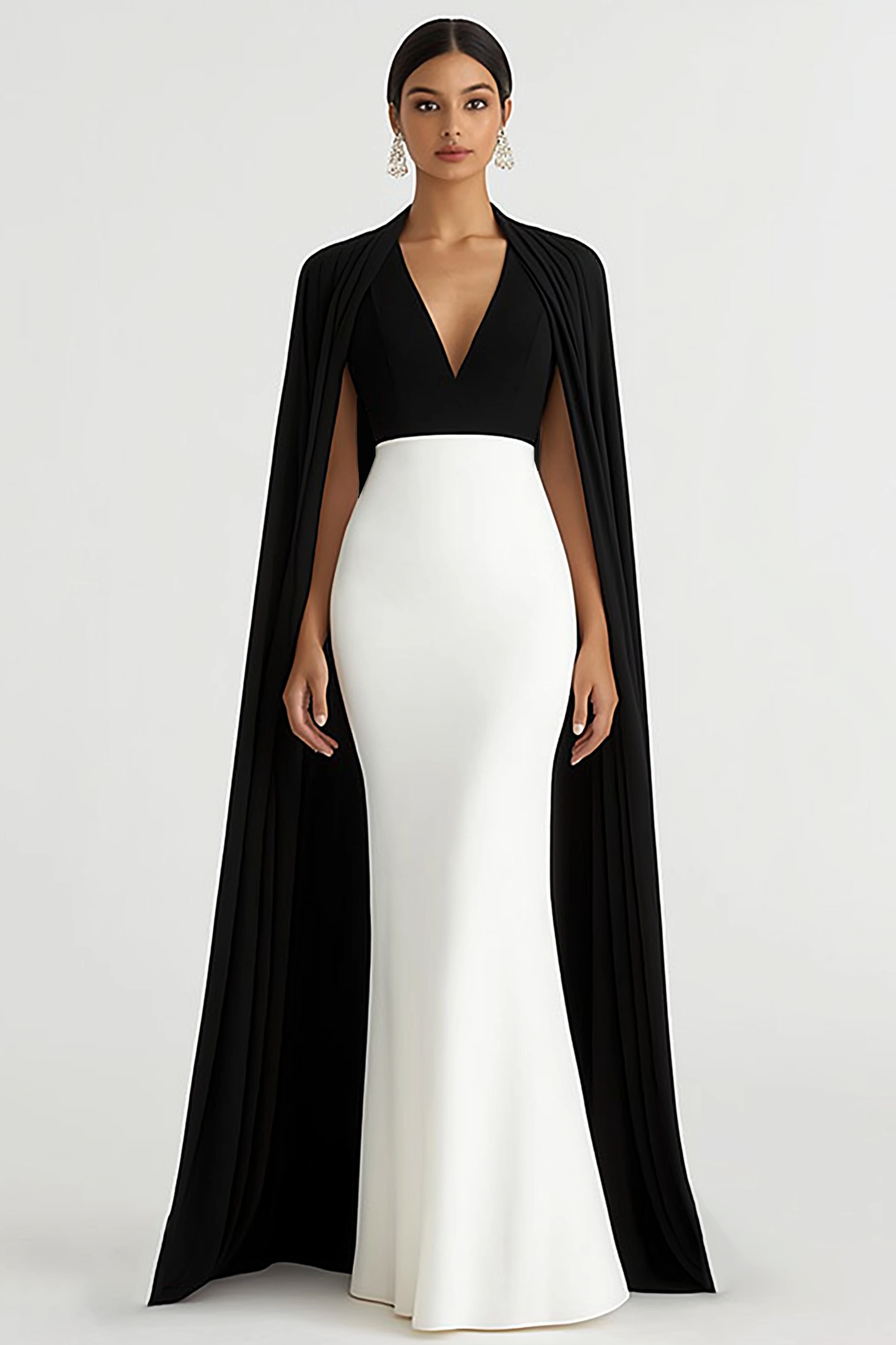 Evening Formal Dress Black White V-Neck Cape Floor-Length Gown