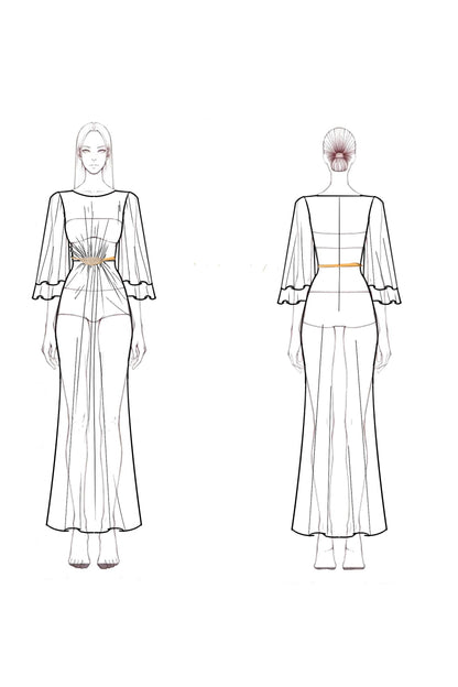 Formal Party Dress Gold Round Neck Ruffle Sleeve Belted Maxi Dress
