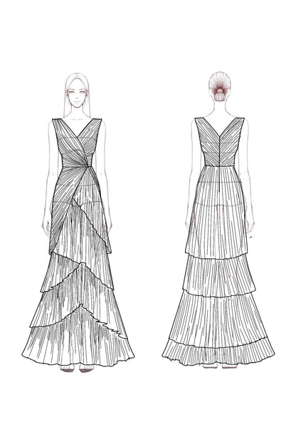 Formal Tiered Layer Dress Blue Sleeveless Pleated V-Neck Floor-Length Gown
