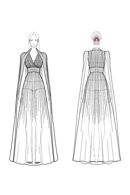 Formal Evening Dress Sage Green V-Neck Pleated Cape Floor-Length Gown