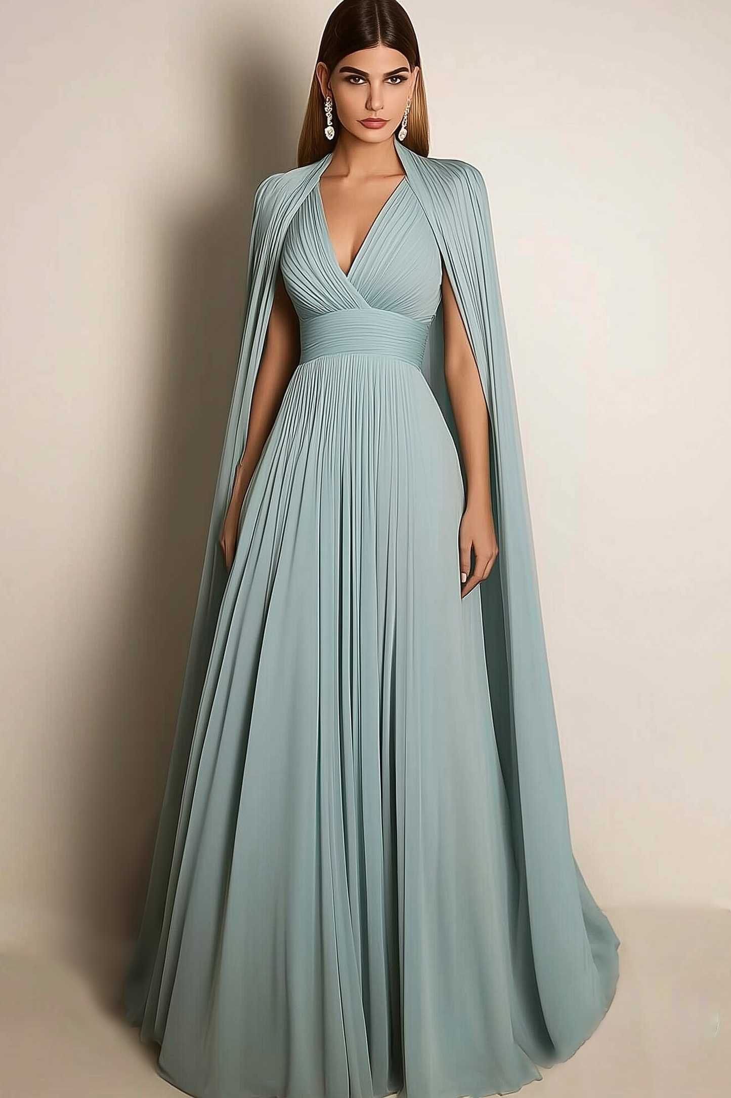 Formal Evening Dress Sage Green V-Neck Pleated Cape Floor-Length Gown