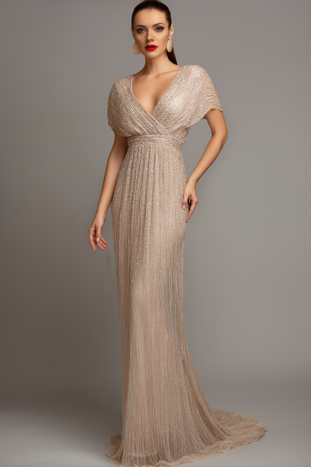 Evening Formal Gown Champagne Sequin Cross Neck Floor-Length Dress