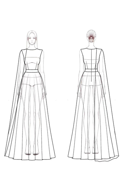 Evening Formal Cape Dress Purple Crew Neck Belted Floor-Length Dress
