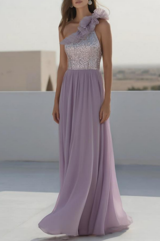 Evening Formal Dress Purple One Shoulder Floor-Length Sequin Dress