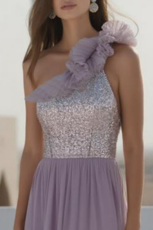 Evening Formal Dress Purple One Shoulder Floor-Length Sequin Dress