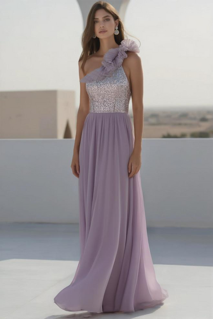 Evening Formal Dress Purple One Shoulder Floor-Length Sequin Dress