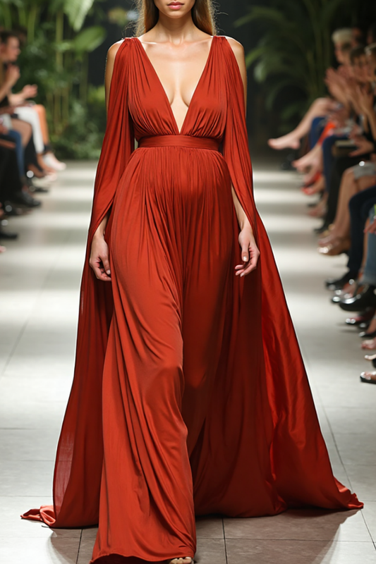 Evening Formal Dress Red Deep V Floor-Length Satin Dress