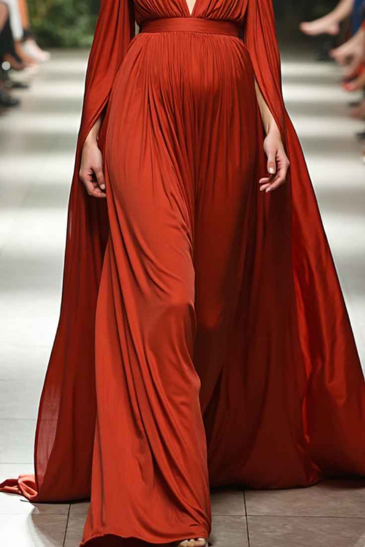 Evening Formal Dress Red Deep V Floor-Length Satin Dress