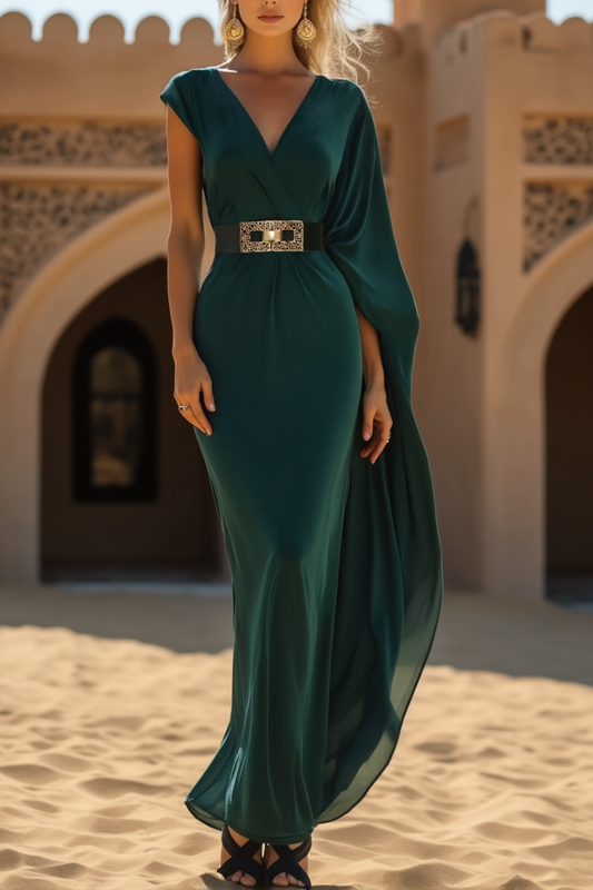 Formal Dress Green V Neck Belted Maxi Sheath Dress