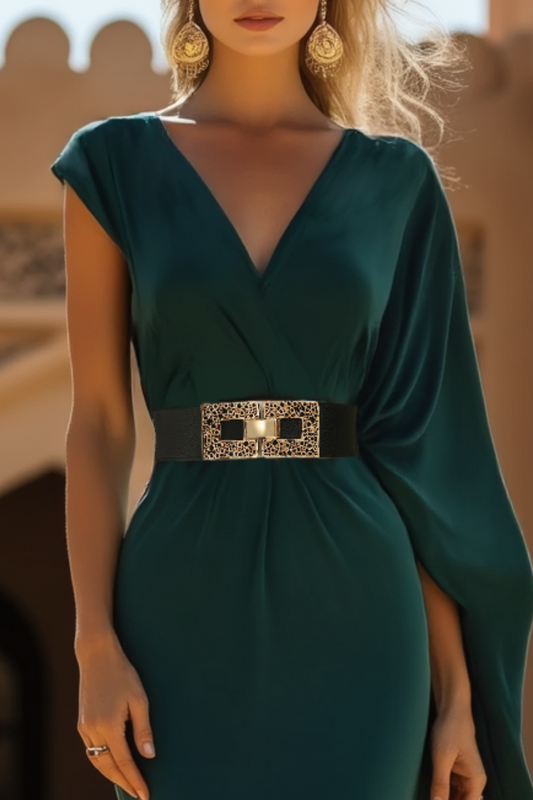 Formal Dress Green V Neck Belted Maxi Sheath Dress