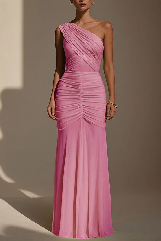 Evening Formal Dress Pink One Shoulder Ruched Maxi Dress