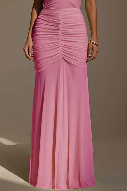 Evening Formal Dress Pink One Shoulder Ruched Maxi Dress
