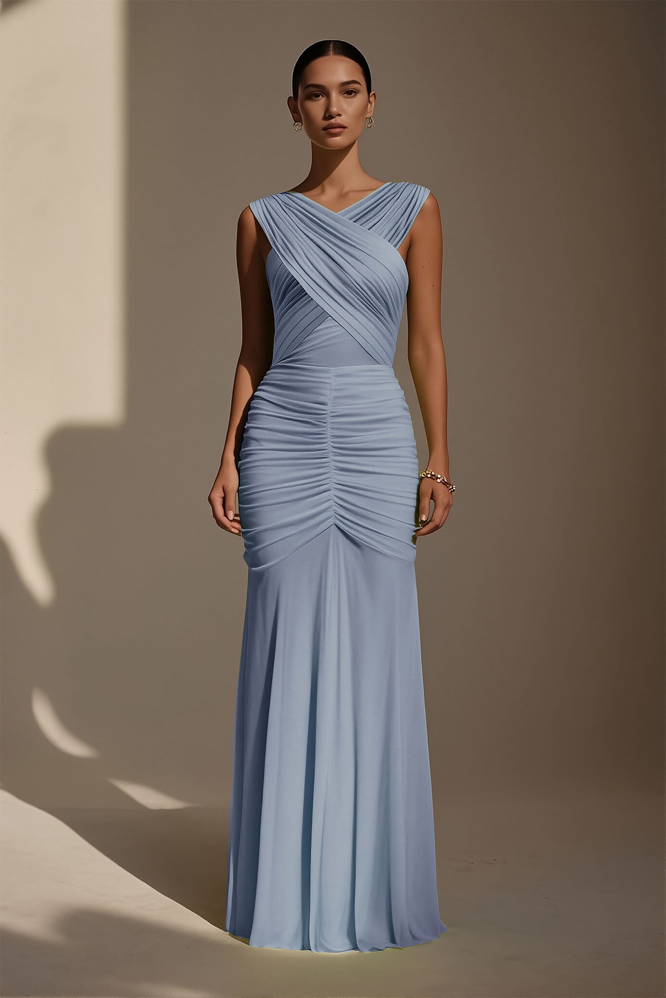 Evening Formal Dress Blue V Neck Ruched Maxi Dress