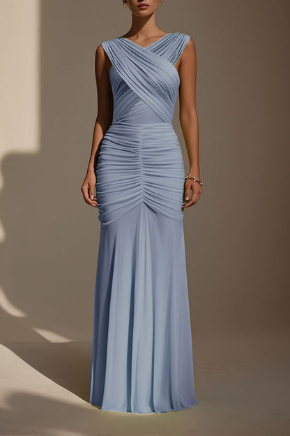 Evening Formal Dress Blue V Neck Ruched Maxi Dress