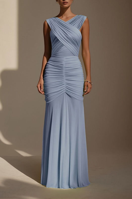 Evening Formal Dress Blue V Neck Ruched Maxi Dress
