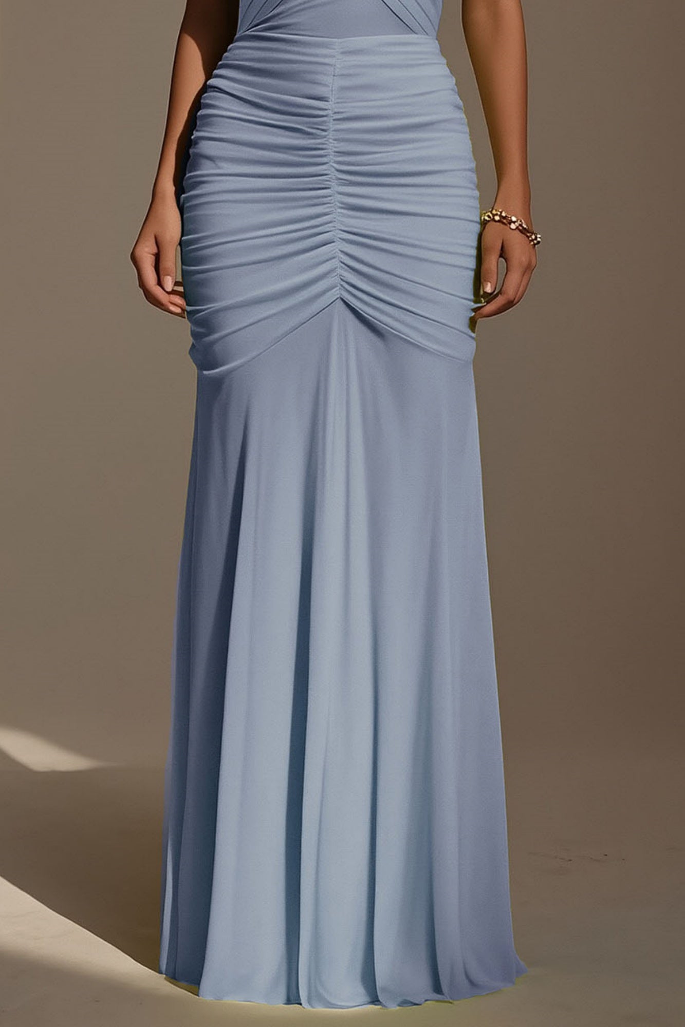 Evening Formal Dress Blue V Neck Ruched Maxi Dress