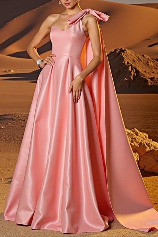 Evening Formal Satin Dress Pink One Shoulder A-Line Floor-Length Dress