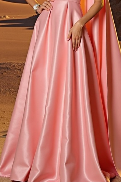 Evening Formal Satin Dress Pink One Shoulder A-Line Floor-Length Dress