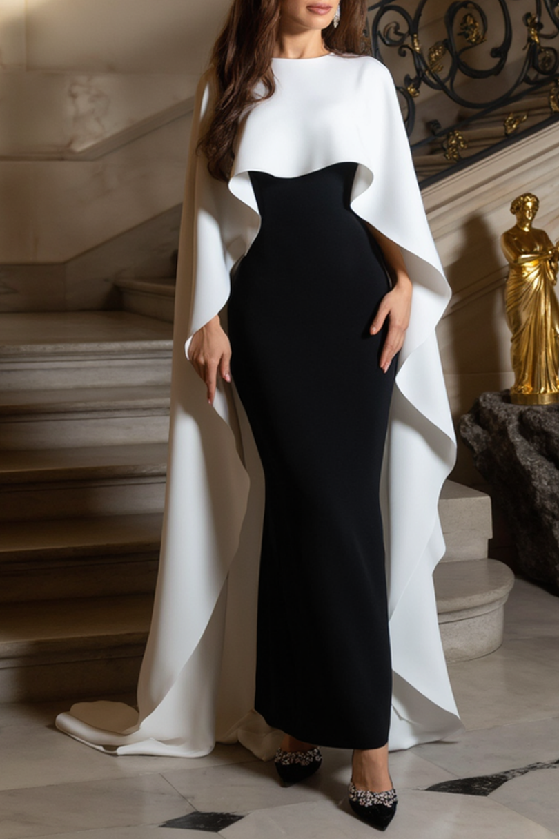 Evening Formal Dress Black White Crew Neck Sheath Floor-Length Dress
