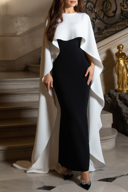 Evening Formal Dress Black White Crew Neck Sheath Floor-Length Dress