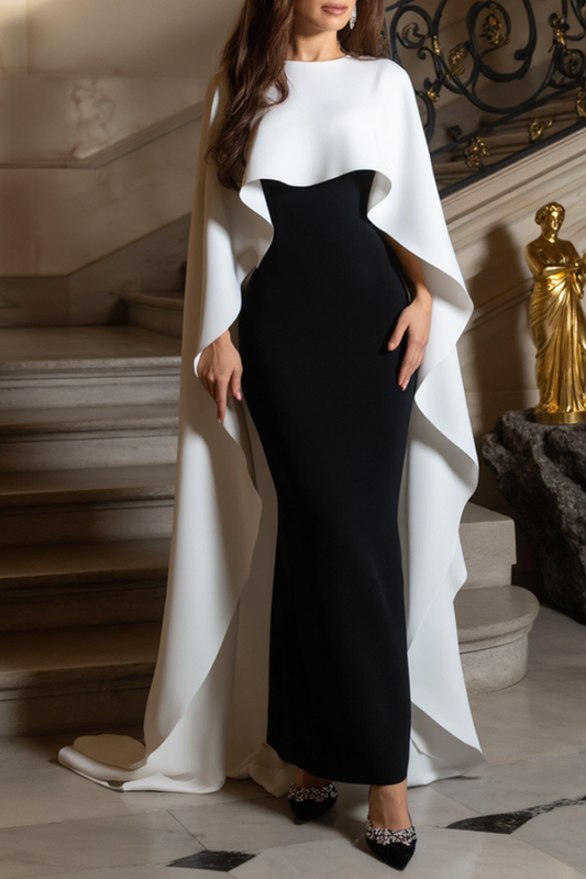 Evening Formal Dress Black White Crew Neck Sheath Floor-Length Dress