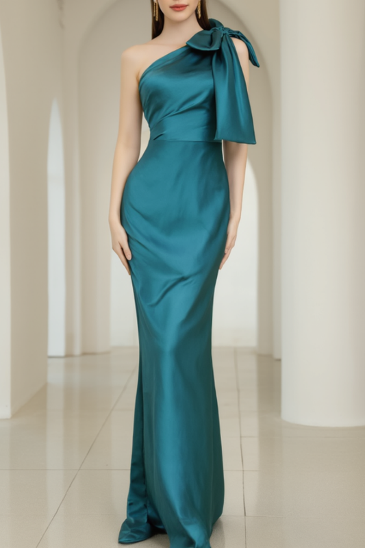 Evening Formal Satin Dress Green One Shoulder Floor-Length Dress