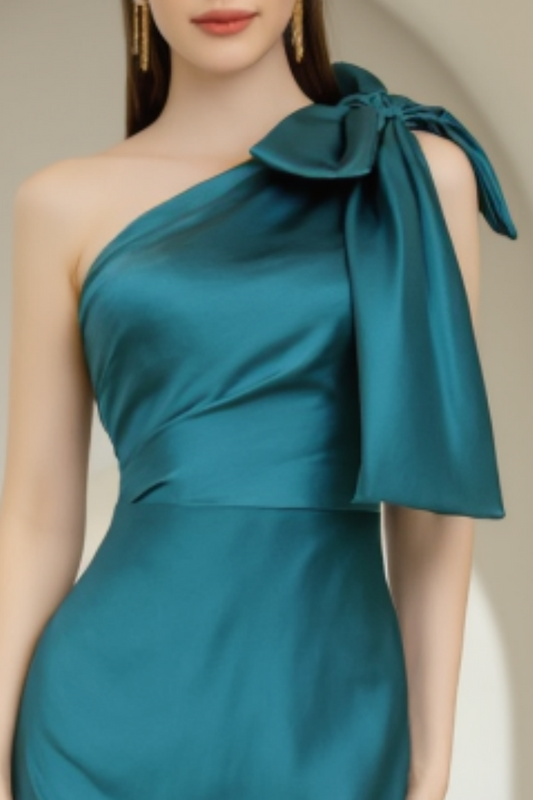 Evening Formal Satin Dress Green One Shoulder Floor-Length Dress