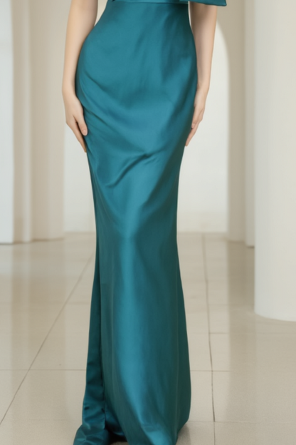 Evening Formal Satin Dress Green One Shoulder Floor-Length Dress
