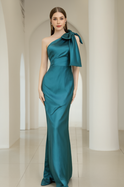 Evening Formal Satin Dress Green One Shoulder Floor-Length Dress