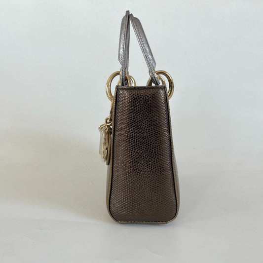 Dior Mini Lady Lizard Print Chain Shoulder Bag Metallic Gold