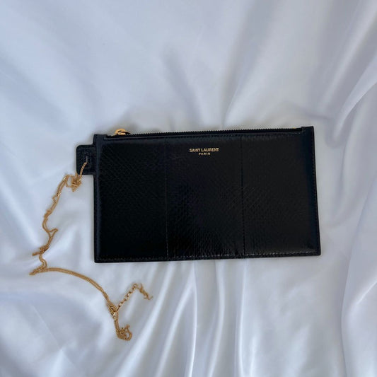 Saint Laurent Black Leather Python Mini Zip Pouch
