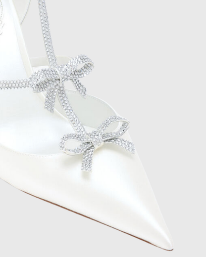 Ilaria Rhinestone Bow Strap Pumps In White
