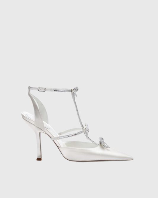 Ilaria Rhinestone Bow Strap Pumps In White
