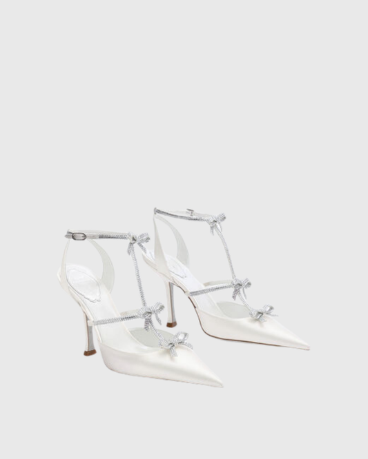 Ilaria Rhinestone Bow Strap Pumps In White