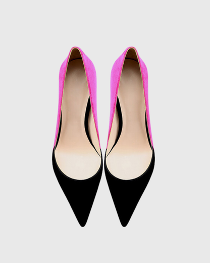 Itala Splicing Velvet Pumps In Black & Pink