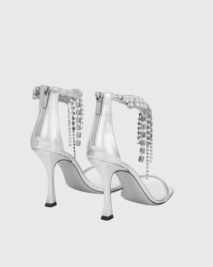 Jane Metallic Diamond Fringe Strap Sandals In Silver