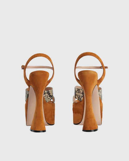 Kim Cross Snake Print Platform Flared Heels