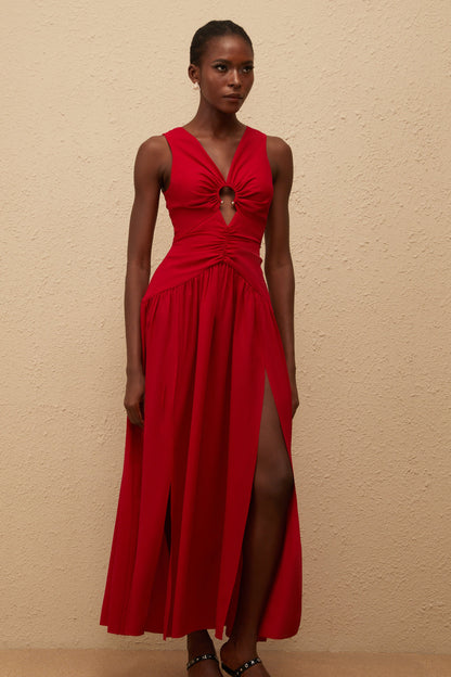 Kleopatra Red Keyhole Detail Ruched Midi Dress
