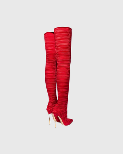 Miley Ribbed Velvet Over The Knee Boots In Red