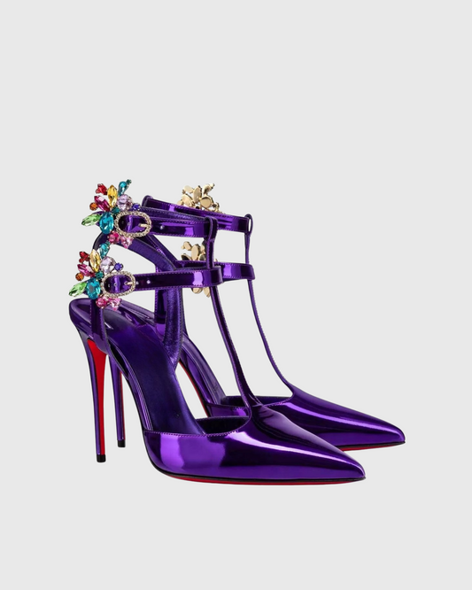 Mina Rhinestone T Strap Pumps In Berry Purple