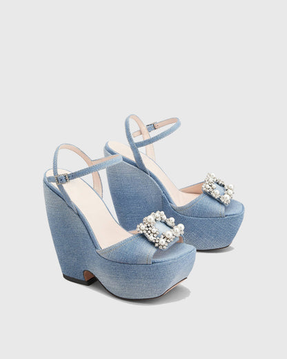 Nicolina Pearl Denim Platform Sandals In Blue