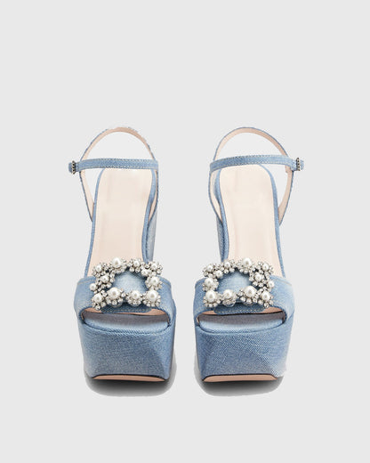 Nicolina Pearl Denim Platform Sandals In Blue