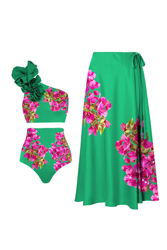 3D Green One-Shoulder Print High Waist Two-Piece Swimsuit and Cover-Up