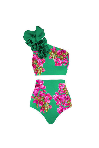 3D Green One-Shoulder Print High Waist Two-Piece Swimsuit and Cover-Up