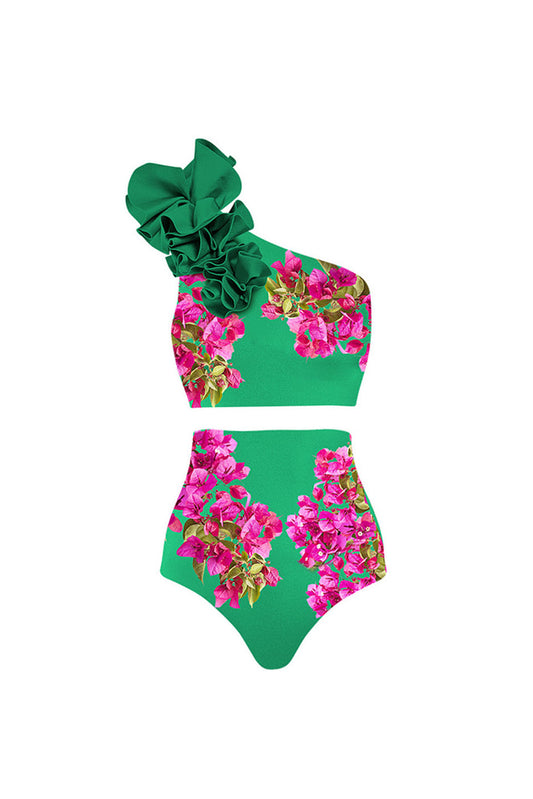 3D Green One-Shoulder Print High Waist Two-Piece Swimsuit and Cover-Up