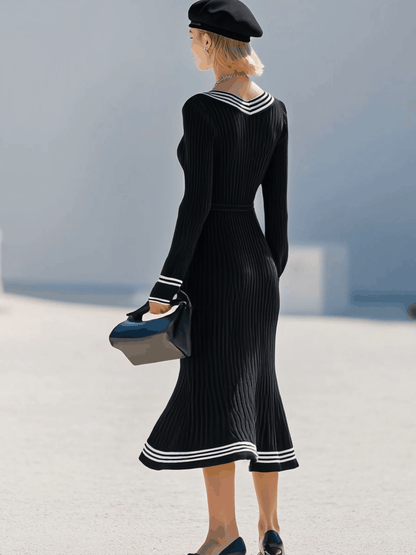 Fashion Retro White Trim Black Knitted Ribbed Long Sleeve Fishtail Midi Dress