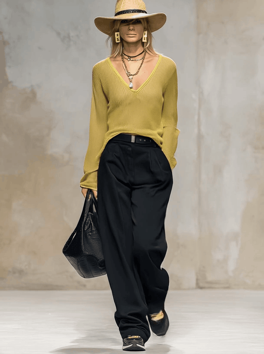 Exquisite Casual Breathable V-neck Long-sleeved Lemon Green Knitted Blouse Top